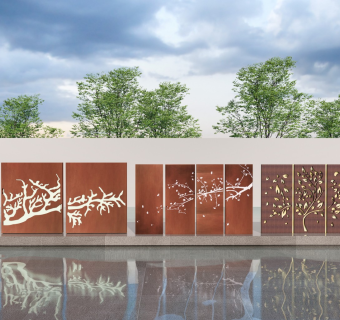 现代锈板景墙 穿孔板 锈板背景墙 镂空休班 钢板景墙 艺术景墙